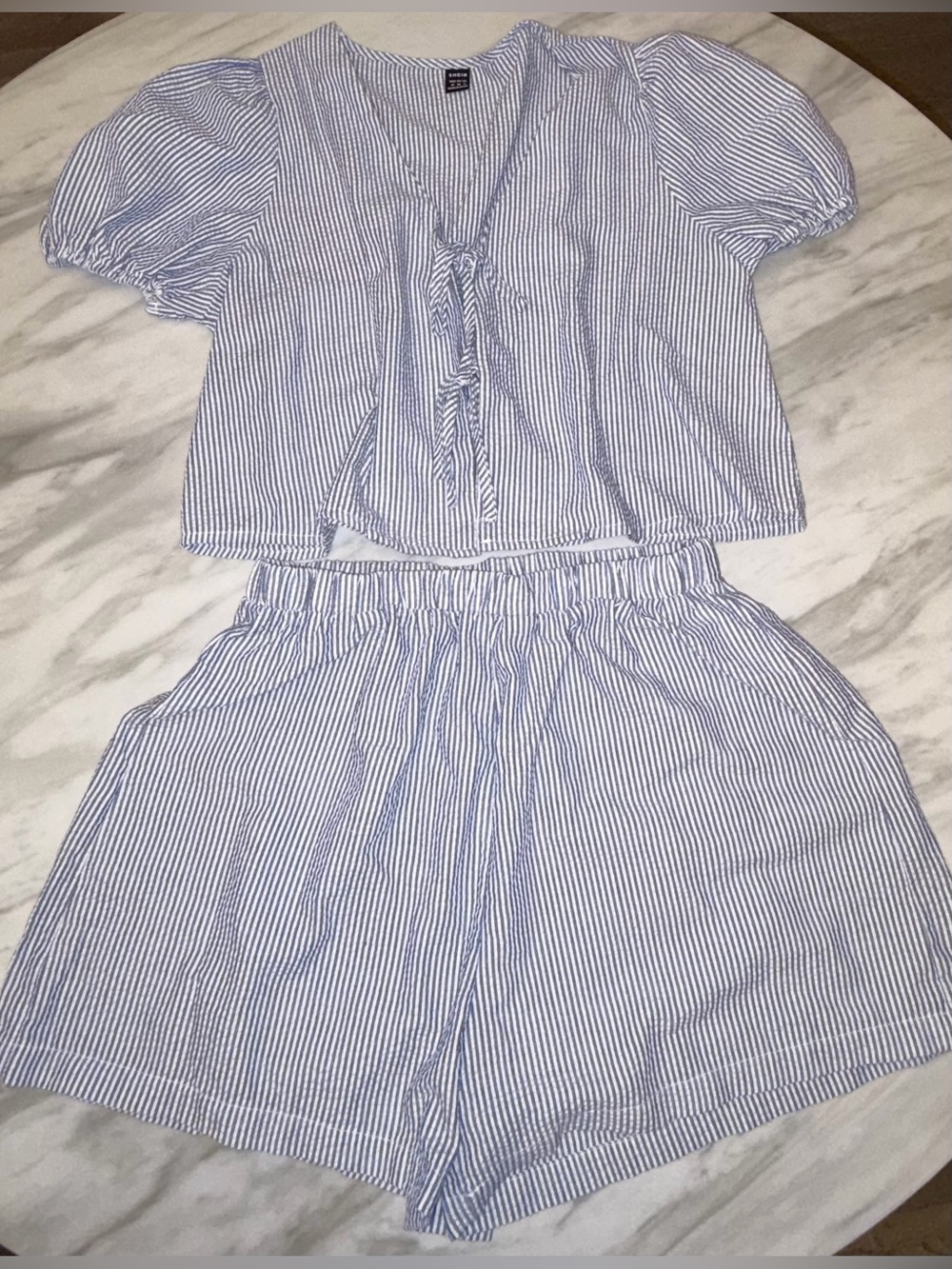 SHEIN Blue White Vertical Striped Front Tie Puff Sleeve Top Shorts Set M